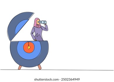 Continuous one line drawing Arabian businesswoman appears from target arrow board looking for something with binoculars. Focus one by one for another dream. Single line draw design vector illustration