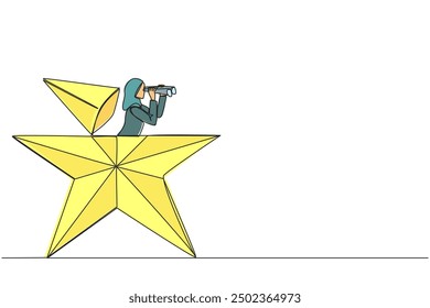 Dibujo continuo de una línea Mujer de negocios árabe emerge de la forma de estrella en busca de algo con binoculares. Todavía buscando otro sueño para realizar. Ilustración vectorial de diseño de dibujo de línea única