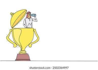 Continuous one line drawing Arabian businessman appears out of trophy looking for something through binoculars. Winner. Undoubted business success. Single line draw design vector illustration