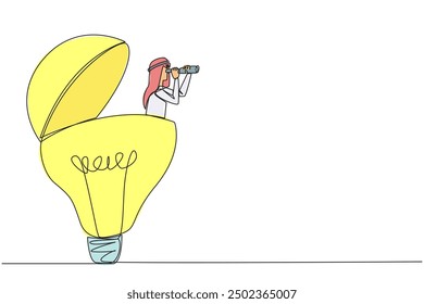 Continuous one line drawing Arabian businessman pops out of a lightbulb looking for something through binoculars. Needs more light to get ideas. Brilliant. Single line draw design vector illustration