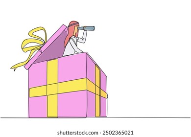 Continuous one line drawing Arabian businessman emerges from gift box looking for something through binoculars. Presenting rewards for team hard work. Single line draw design vector illustration