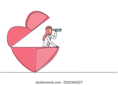 Continuous one line drawing Arabian businessman appears out of a heart shape looking for something through binoculars. Work life balance. Nobody get hurt. Single line draw design vector illustration