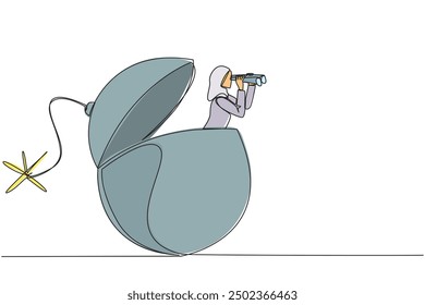 Dibujo continuo de una línea Empresaria árabe emerge de una bomba con mecha ardiendo buscando algo con binoculares. Recibir señal de peligro. Evitar. Ilustración vectorial de diseño de dibujo de línea única