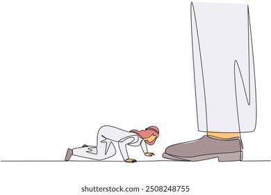 Continuous one line drawing Arabian businessman kneels and licks giant foot. Begging to the investors to disburse reserve funds. Avoid bankruptcy. Struggle. Single line draw design vector illustration