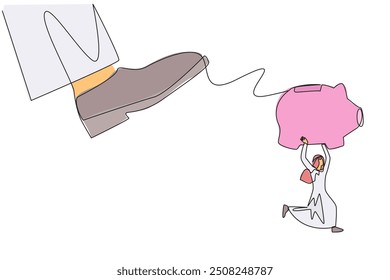Continuous one line drawing Arabian businessman carrying piggy bank run away from giant foot. Trying to running fast saves capital from major disruption. Single line draw design vector illustration
