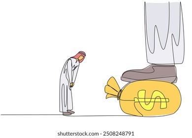 Continuous one line drawing Arabian businessman nodded in front of the giant foot stepping on the money bag. Give orders to make large profits. Obedient. Single line draw design vector illustration