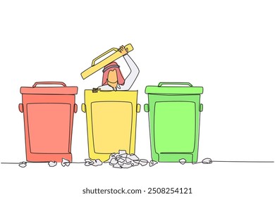 Continuous one line drawing Arabian businessman peeking out of trash can, there were lots of wads of paper. Hide from being chased by debt collectors. Sad. Single line draw design vector illustration