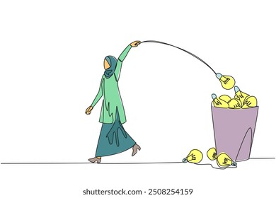 Continuous one line drawing Arabian businesswoman walking throwing lightbulb into trash can. Unable to manage multiple business schedules. Prepare to lose. Single line draw design vector illustration