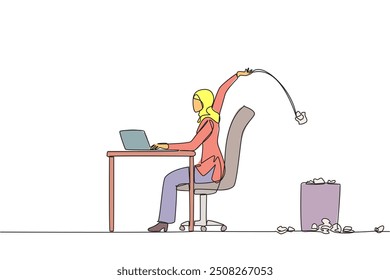 Continuous one line drawing Arabian businesswoman typing at a work desk throwing wads of paper into the trash. Must make reports carefully and clearly. Single line draw design vector illustration