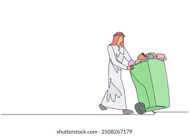 Continuous one line drawing Arabian businessman pushing a trash can filled with wads of paper. Nonworking document. Useless file at office. Deleting data. Single line draw design vector illustration