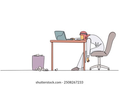 Continuous one line drawing Arabian businessman sitting in work chair looking tired. Chasing lots of deadlines. Many reports are wrong. Not focus on laptop. Single line draw design vector illustration