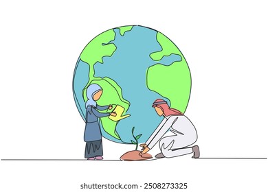 Continuous one line drawing Arabian girl standing watering plants. Encourage children to get used to caring for nature. Plant Trees. Make the earth greener. Single line draw design vector illustration