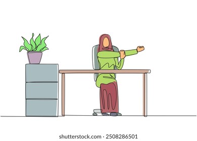 Continuous one line drawing Arabian woman sitting in a work chair with her arms crossed. Stretching in the office. Do light exercise before work. Overtime. Single line draw design vector illustration