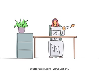 Continuous one line drawing Arabian man sitting in a work chair with his arms crossed. Stretching. Relax for a moment before being busy with work. Overtime. Single line draw design vector illustration