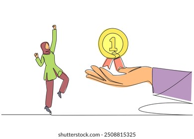Continuous one line drawing Arabian businesswoman was happy to get reward medal from giant hand. Success has been achieved. Want to achieve further success. Single line draw design vector illustration