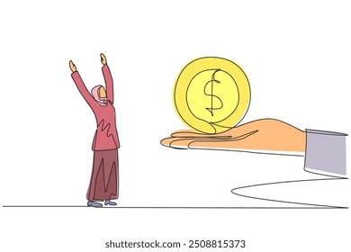 Continuous one line drawing Arabian businesswoman is excited to get dollar symbol coin from a giant hand. Good news. Always make a profit. Good team work. Single line draw design vector illustration