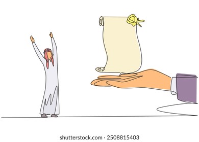 Continuous one line drawing Arabian businessman was excited to get roll of stamped paper from the giant hand. Priceless gift. Old way. Increasing income. Single line draw design vector illustration