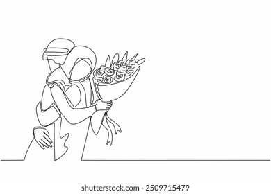 Uma linha contínua desenhando homem árabe abraçando mulher árabe enquanto mulher segurando buquê de flores. Propor ao amado. Feliz. Dia Nacional da Proposta. Ilustração de vetor de design de desenho de linha única