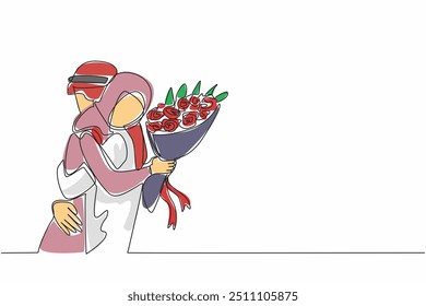 Uma linha contínua desenhando homem árabe abraçando mulher árabe enquanto mulher segurando buquê de flores. Propor ao amado. Feliz. Dia Nacional da Proposta. Ilustração de vetor de design de desenho de linha única