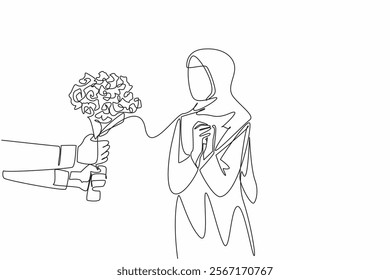 Continuous one line drawing Arabian woman clasps hands in front of chest when given bouquet of flowers. Surprise from a loved one. Couple Appreciation Day. Single line draw design vector illustration