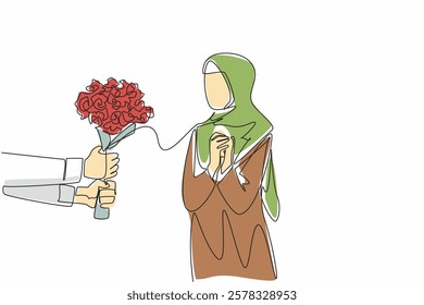 Continuous one line drawing Arabian woman clasps hands in front of chest when given bouquet of flowers. Surprise from a loved one. Couple Appreciation Day. Single line draw design vector illustration