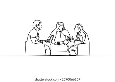 Continuous one line drawing of arabian people business meeting. Single line drawing illustration of Office workers meeting in office. Business plan concept vector art. Doodle line illustration.
