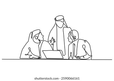 Continuous one line drawing of arabian people business meeting. Single line drawing illustration of Office workers meeting in office. Business plan concept vector art. Doodle line illustration.
