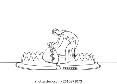 Continuous one line drawing arabian man is taking money bag on top of bear trap. Acting carelessly. Getting caught in the wrong investment. Money Bait. Single line draw design vector illustration