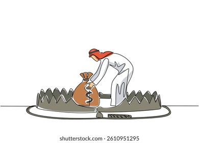 Continuous one line drawing arabian man is taking money bag on top of bear trap. Acting carelessly. Getting caught in the wrong investment. Money Bait. Single line draw design vector illustration