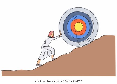 Continuous one line drawing Arabian businessman push up big target to mountain. Salary man pushing giant target upwards so very difficult. Goal too big can be difficult. Single line draw design vector