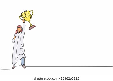 Continuous one line drawing Arabian businessman with trophy standing with arms lifted in the air. Man celebrating his business award. Winner and reaching goals. Single line draw design vector graphic