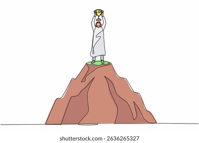Continuous one line drawing Arabian businessman holding trophy on the top of the high mountain. Success, goal, achievement and challenge concept. Single line draw design vector graphic illustration