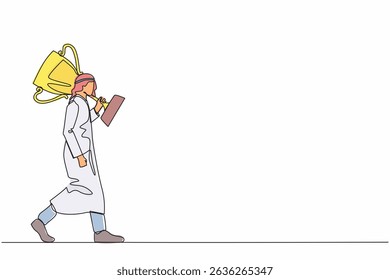 Continuous one line drawing Arabian businessman carry big trophy cup for winner as symbol of victory. Business concept of success and competition. Single line draw design vector graphic illustration