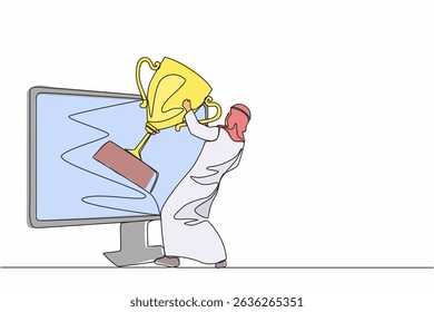 Continuous one line drawing Arabian businessman pulls out trophy cup from computer screen. Working on award winning project, freelance job, online work, winner. Single line draw design vector graphic