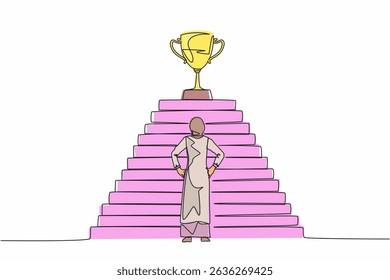 Continuous one line drawing Arabian businesswoman standing in front of staircase with trophy cup on the top. Path to success, goal, business vision. Single line draw design vector graphic illustration