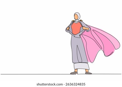 Continuous one line drawing Arabian businesswoman revealing her true identity of powerful superhero. Superhero tearing shirt and wearing costume. Single line draw design vector graphic illustration