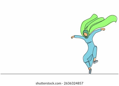 Continuous one line drawing Arabian businesswoman superhero in cloak. Successful superhero landing from sky. Leadership, challenge goal achievement. Single line draw design vector graphic illustration