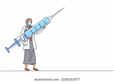 Continuous one line drawing Arabian woman doctor holding syringe with medication. Medical staff stand with large disposable syringe. Vaccination concept. Single line design vector graphic illustration