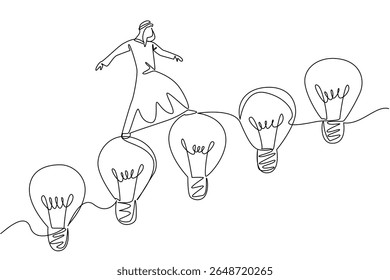 Continuous one line drawing Arabian man walks on lightbulbs resemble stairs. Slowly but surely. Innovation takes to higher places. National Creativity Day. Single line draw design vector illustration