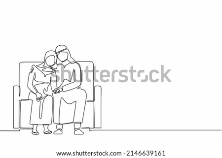 Continuous one line drawing Arabian man comforting sad woman. Male supporting female who is feeling emotional sad depressed. Husband embrace comforts his woman. Single line design vector illustration