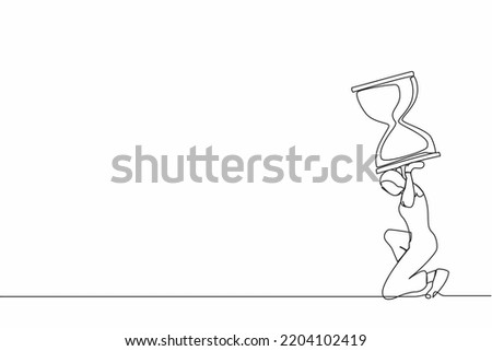 Continuous one line drawing Arabian businesswoman carrying heavy hourglass on her back. Unhappy office clerk has time management problems. Work overload. Single line design vector graphic illustration