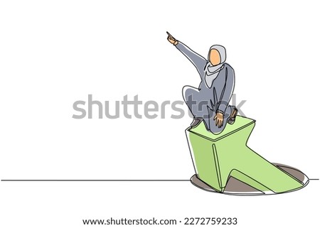 Continuous one line drawing Arabian businesswoman standing on arrows coming out of holes. Woman leading financial graph rising from hole. Business growth. Single line draw design vector illustration