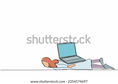 Continuous one line drawing Arabian businesswoman under heavy laptop computer burden. Tired or exhausted worker due to work pressure, burnout at office. Single line design vector graphic illustration
