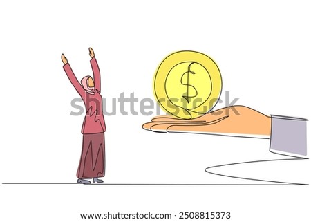 Continuous one line drawing Arabian businesswoman is excited to get dollar symbol coin from a giant hand. Good news. Always make a profit. Good team work. Single line draw design vector illustration