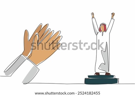 Continuous one line drawing Arabian man stands on the podium. Success, achievement, and cultural celebration. Applauds. Triumph. Employee Appreciation Day. Single line draw design vector illustration