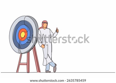 Continuous one line drawing Arabian businessman or manager is standing or leaning the target with thumbs up gesture. Arrow hit the target exactly. Single line draw design vector graphic illustration