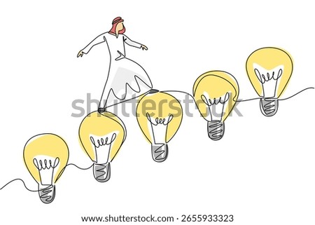 Continuous one line drawing Arabian man walks on lightbulbs resemble stairs. Slowly but surely. Innovation takes to higher places. National Creativity Day. Single line draw design vector illustration