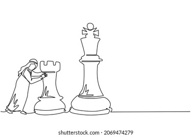 Continuous one line drawing Arabic businessman push huge rook chess piece. Business strategy and marketing plan. Strategic move in business concept. Single line draw design vector graphic illustration