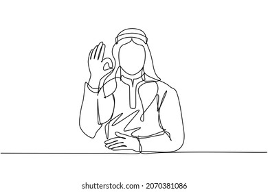 Continuous one line drawing Arabic man in traditional clothes gesturing ok sign. Okay sign, gesture language concept. Smiling male standing showing ok sign with fingers. Single line draw design vector