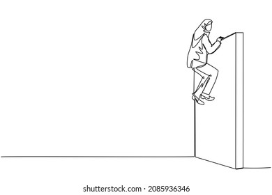 Continuous one line drawing Arabic businesswoman overcame wall obstacles that blocked her and conquered adversity. Overcome difficulties to achieve victory. Single line draw design vector illustration